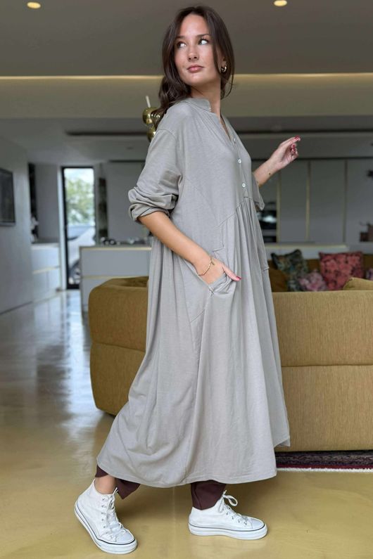 Made in Italy Donegal Cotton Jersey Smock Dress Mocha